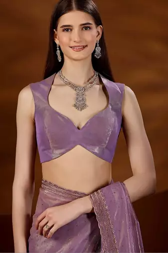 Purple women embroidered tissue saree with blouse piece