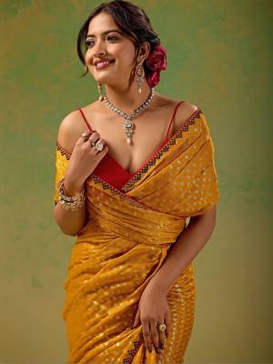Mustard embellished zari tissue saree 1