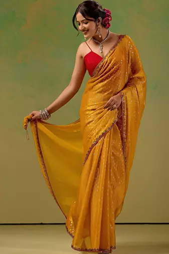 Mustard embellished zari tissue saree