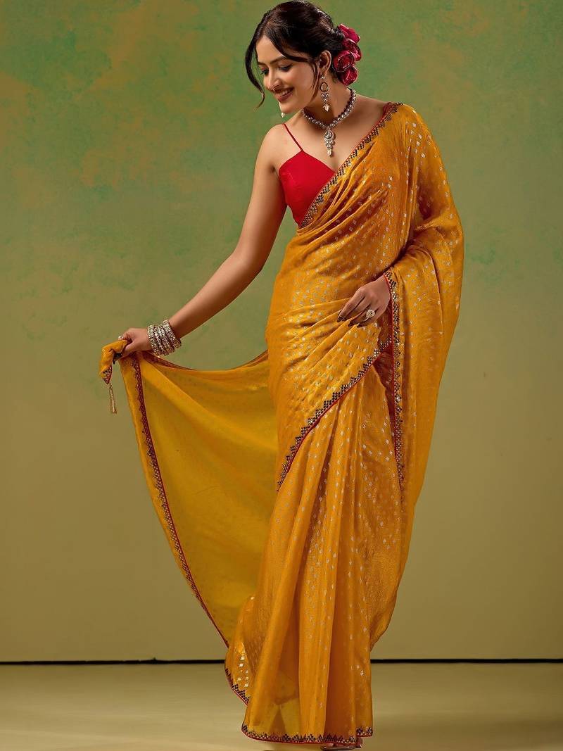 Mustard embellished zari tissue saree