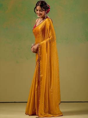 Mustard embellished zari tissue saree 3