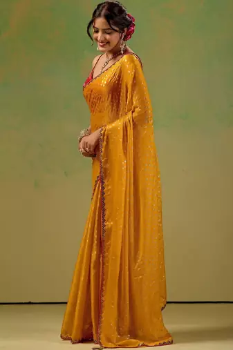Mustard embellished zari tissue saree