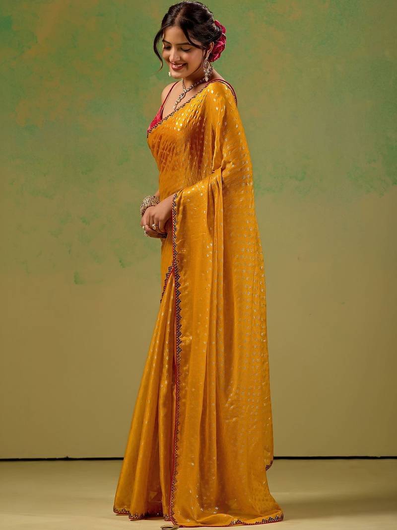 Mustard embellished zari tissue saree