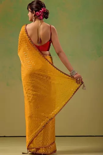 Mustard embellished zari tissue saree