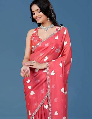 Red beads and stones organza saree 1