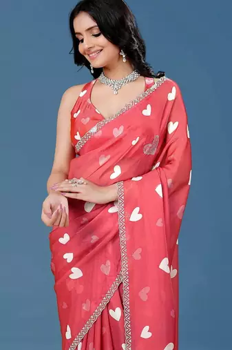 Red beads and stones organza saree