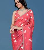 Red beads and stones organza saree