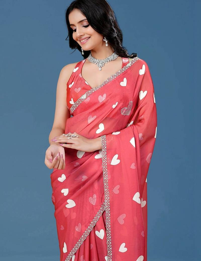Red beads and stones organza saree
