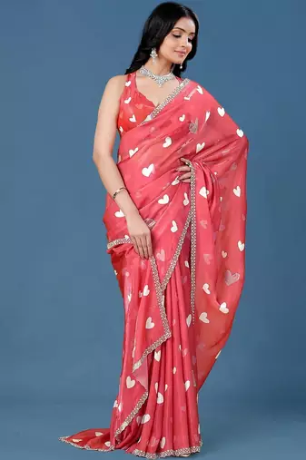 Red beads and stones organza saree
