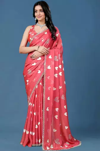 Red beads and stones organza saree