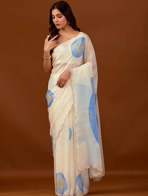 Blue beads and stones organza designer saree 1