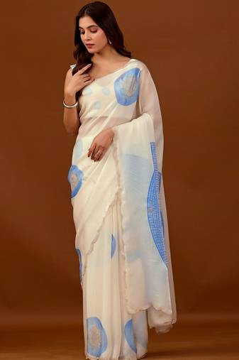 Blue beads and stones organza designer saree