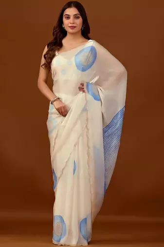 Blue beads and stones organza designer saree