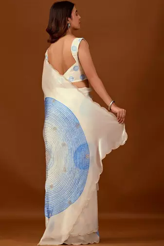 Blue beads and stones organza designer saree