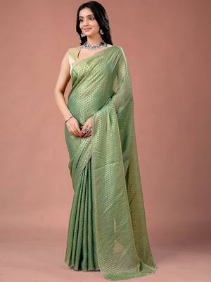 Green women ethnic motifs woven design saree 1