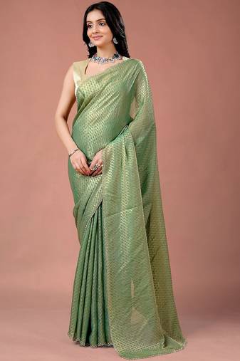 Green women ethnic motifs woven design saree
