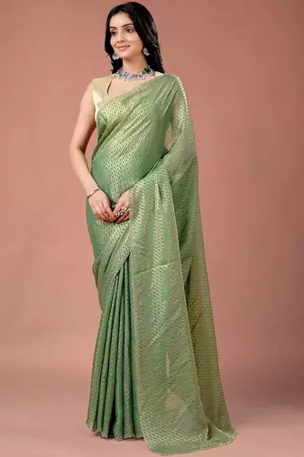 Green women ethnic motifs woven design saree