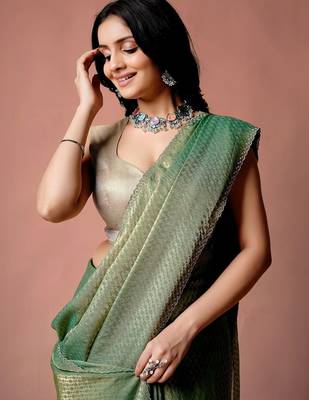 Green women ethnic motifs woven design saree 2