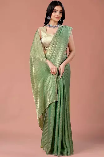 Green women ethnic motifs woven design saree