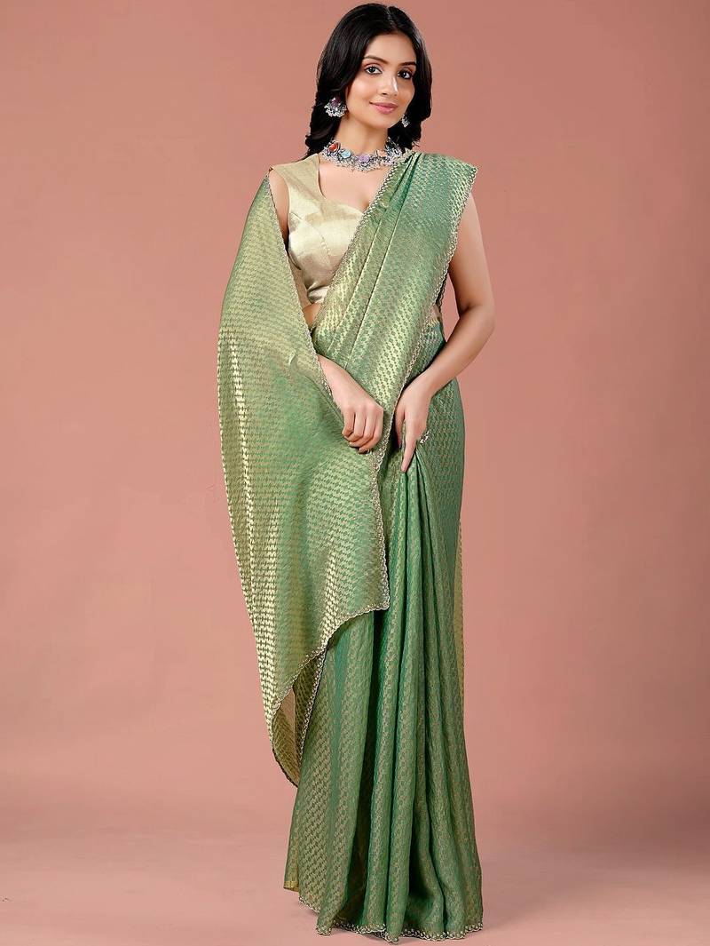 Green women ethnic motifs woven design saree