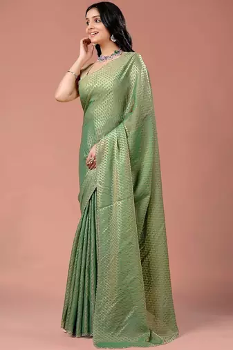 Green women ethnic motifs woven design saree
