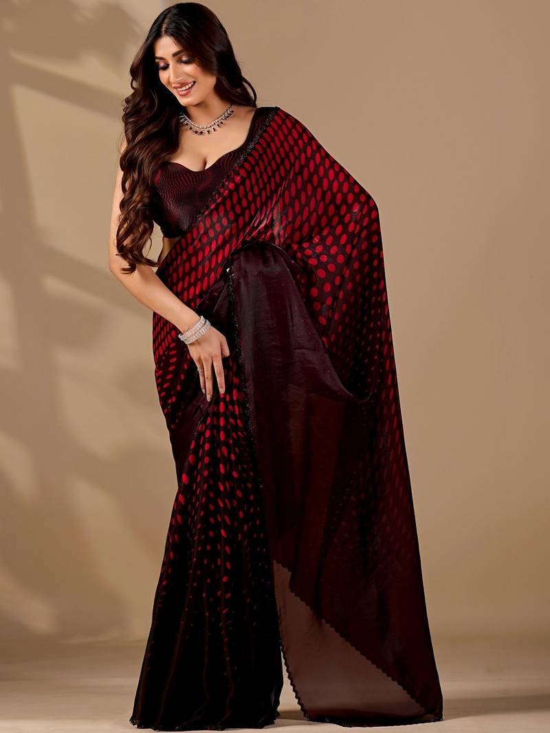 Maroon polka dot beads and stones organza designer saree