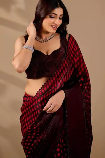Maroon polka dot beads and stones organza designer saree