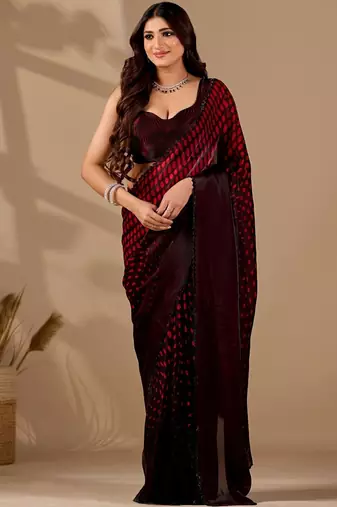 Maroon polka dot beads and stones organza designer saree