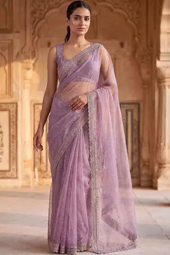 Lavender beads and stones tissue saree