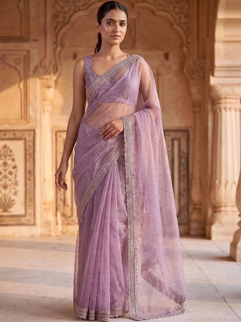 Lavender beads and stones tissue saree