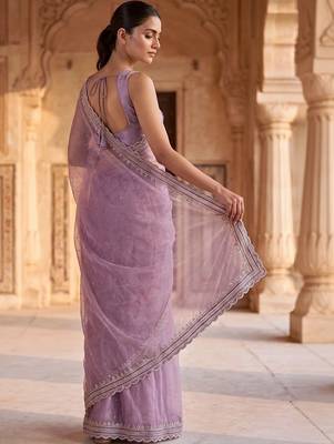 Lavender beads and stones tissue saree 2