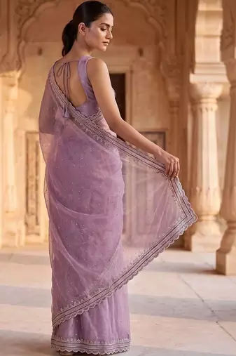 Lavender beads and stones tissue saree