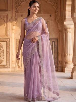 Lavender beads and stones tissue saree 3