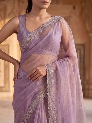 Lavender beads and stones tissue saree 5