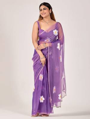 Purple floral beads and stones poly chiffon saree 1