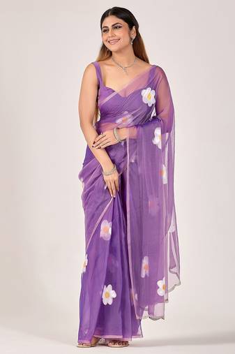 Purple floral beads and stones poly chiffon saree