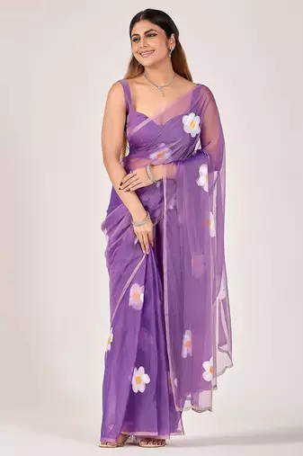 Purple floral beads and stones poly chiffon saree