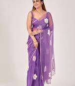 Purple floral beads and stones poly chiffon saree