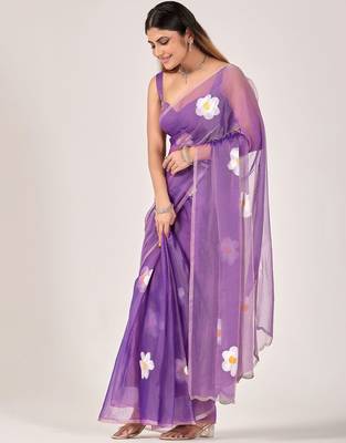 Purple floral beads and stones poly chiffon saree 2