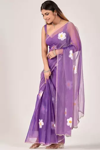 Purple floral beads and stones poly chiffon saree