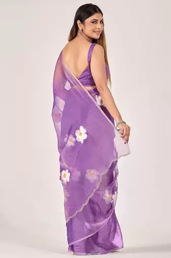 Purple floral beads and stones poly chiffon saree