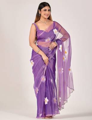 Purple floral beads and stones poly chiffon saree 4