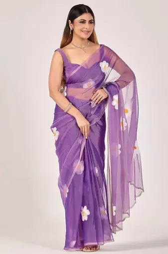 Purple floral beads and stones poly chiffon saree