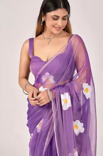 Purple floral beads and stones poly chiffon saree