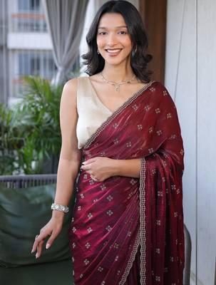 Maroon embellished embroidered silk cotton heavy work saree 2