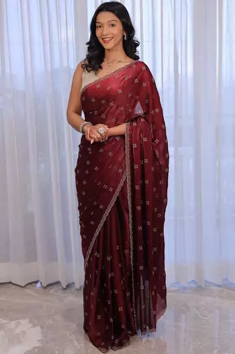 Maroon embellished embroidered silk cotton heavy work saree