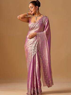 Lavender embellished beads and stones organza heavy work saree 2