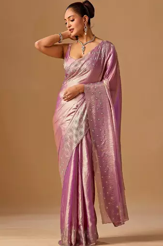Lavender embellished beads and stones organza heavy work saree