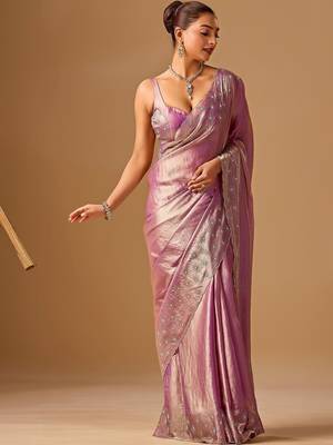 Lavender embellished beads and stones organza heavy work saree 3