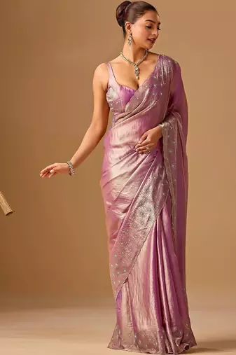 Lavender embellished beads and stones organza heavy work saree
